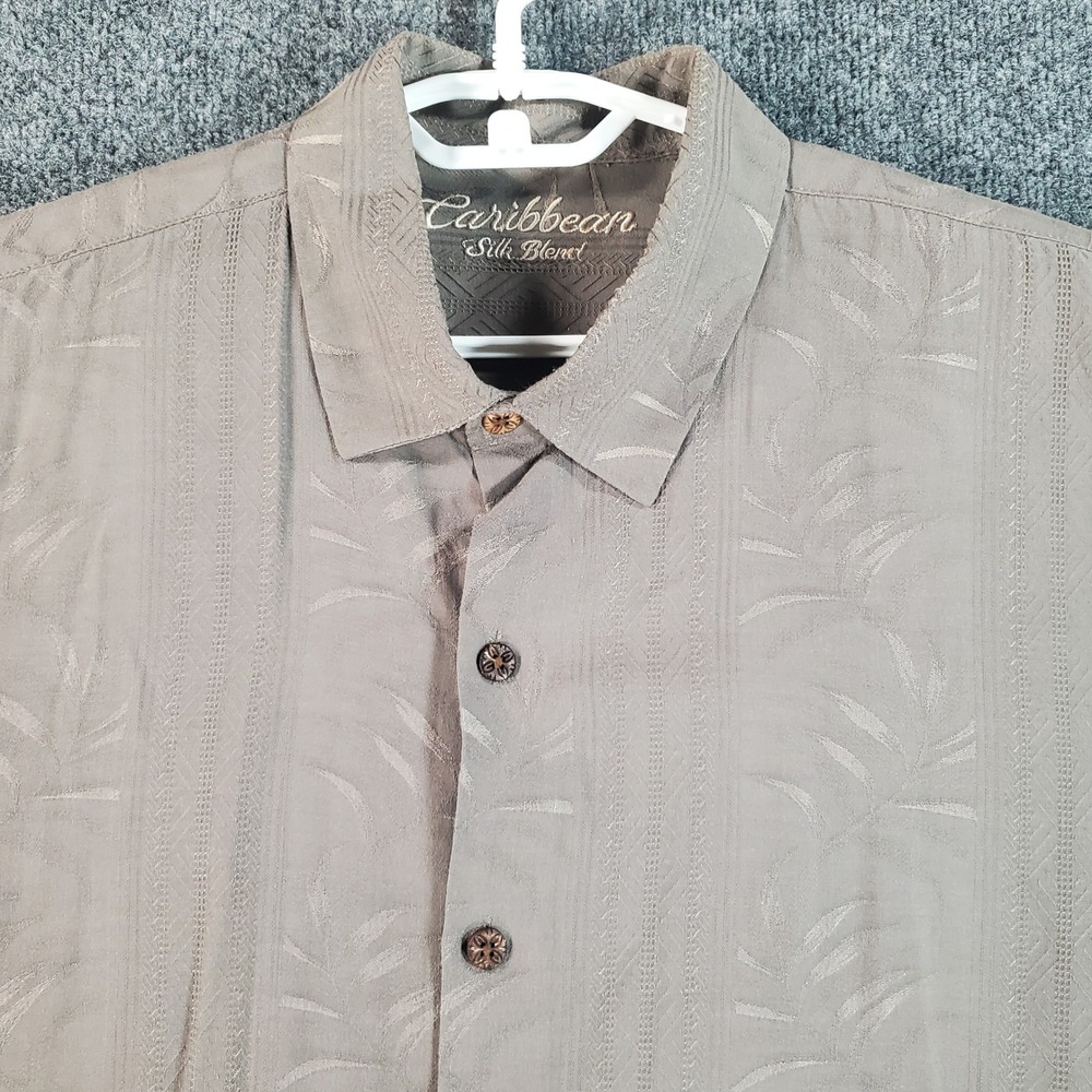 Caribbean Silk Blend Shirt Mens L Short Sleeve Taupe Brown Palm Leaf Jacquard